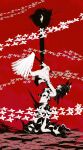  1girl arched_back commentary_request crop_top detached_sleeves full_body gohei hakurei_reimu highres japanese_clothes kneeling limited_palette looking_up miko navel ofuda solo surreal touhou yamada_satoshi 