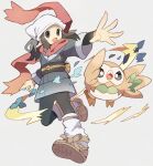  1girl akari_(pokemon) black_eyes black_hair black_pants brown_shoes commentary_request full_body grey_background grey_jacket headscarf highres jacket layered_sleeves long_sleeves open_mouth outstretched_arm pants pokemon pokemon_(creature) pokemon_legends:_arceus red_scarf rowlet scarf shoes short_hair short_over_long_sleeves short_sleeves simple_background socks white_headscarf white_socks yupo_0322 