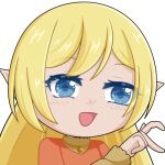  1girl :d blonde_hair blue_eyes blush chibi commission commissioner_upload dress elf emoji emoticon jewelry long_hair long_sleeves lotte_farona low_resolution lowres necklace official_art open-mouth_smile open_mouth pointy_ears selinanovalight smile solo tagme upper_body ways_of_darkness_(series) 