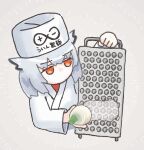 1girl animal_ears animated animated_gif arknights bird_ears chef commentary_request cropped_torso daikon food grater grating_(action) grey_background grey_hair hat holding holding_food holding_vegetable japanese_clothes kimono long_sleeves no_mouth no_nose oudonium ptilopsis_(arknights) radish red_eyes rhine_lab_logo short_hair simple_background solo vegetable white_hat white_kimono wide_sleeves 