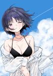  1girl absurdres bikini bikini_under_clothes black_bikini blue_hair breasts cleavage highres jewelry koshimizu_toru long_sleeves mole mole_under_eye navel necklace nijisanji one_eye_closed outdoors purple_eyes shirt short_hair sky solo sweat swimsuit swimsuit_under_clothes takotsubo_asase virtual_youtuber white_shirt 