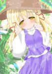  1girl 2000s_(style) blonde_hair blush claw_pose closed_mouth hair_ornament hair_ribbon half-closed_eyes hat highres long_hair long_sleeves looking_at_viewer moriya_suwako murasakitukumo outdoors purple_skirt purple_vest retro_artstyle ribbon shirt skirt smile solo sparkle touhou turtleneck vest white_shirt wide_sleeves yellow_eyes 