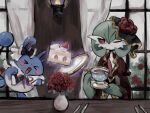  azumarill black_bow blue_skin bow cake cake_slice closed_eyes clothed_pokemon colored_skin curtains flower food fruit gardevoir gardevoir_(aristocrat) green_skin hat hat_flower mame_(nanase_pk) multicolored_skin one_eye_closed open_mouth pink_eyes plate pokemon pokemon_(creature) pokemon_unite red_flower red_rose rose sinistea strawberry two-tone_skin vase white_skin window 