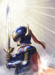  1boy absurdres armor black_bodysuit blue_armor blue_eyes bodysuit cape commentary_request dragon_quest dragon_quest_i erdrick&#039;s_helmet erdrick&#039;s_sword fake_horns gem gold_trim grey_background helmet hero_(dq1) highres holding holding_sword holding_weapon horned_helmet horns male_focus nogo_(nogo_059) partially_shaded_face plume profile red_cape red_gemstone roto&#039;s_emblem solo sword upper_body weapon 