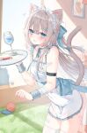  1girl animal_ear_fluff animal_ears armlet bandaid bandaid_on_arm bandaid_on_leg bare_shoulders blue_eyes blush breasts cat_ears cat_girl cat_tail cup dress glass grey_hair hair_between_eyes hair_ornament headdress highres holding holding_tray jewelry long_hair looking_at_viewer maid maid_headdress original riri_(ri0177) short_dress solo sweat sweatdrop tail thighhighs tongue tongue_out tray white_dress white_thighhighs wrist_cuffs 