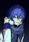  0qktb 1boy arm_up black_shirt blue_eyes blue_hair blue_scarf coat double-parted_bangs earmuffs gradient_background hair_between_eyes highres kaito_(vocaloid) looking_to_the_side male_focus open_mouth scarf shirt short_hair sideways_glance sleeve_cuffs smile solo teeth upper_body vocaloid white_coat 