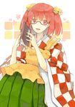  apron bell bespectacled blush book character_name checkered glasses hair_bell hair_ornament itak69 japanese_clothes long_sleeves looking_at_viewer motoori_kosuzu open_book open_mouth red_eyes red_hair sitting skirt smile solo touhou two_side_up wide_sleeves 