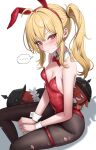  ... 1girl absurdres animal_ears black_pantyhose blonde_hair bow bowtie breasts cleavage detached_collar fake_animal_ears highres icetea_art leotard long_hair looking_at_viewer luciana_de_montefio lucy&#039;s_crew_(zenless_zone_zero) pantyhose playboy_bunny rabbit_ears red_bow red_bowtie red_eyes red_leotard side_ponytail sitting small_breasts solo spoken_ellipsis torn_clothes torn_pantyhose zenless_zone_zero 