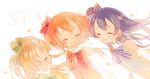  ^_^ bad_id bad_twitter_id blue_hair bow brown_hair closed_eyes elbow_gloves gloves hair_bow kousaka_honoka love_live! love_live!_school_idol_project minami_kotori multiple_girls one_side_up orange_hair pechika smile song_name sonoda_umi start:dash!! 