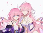  2girls bell blue_eyes breasts chinese_commentary coat color_connection commentary_request company_connection corset cyrene_(honkai:_star_rail) diamond-shaped_pupils diamond_(shape) dress elysia_(herrscher_of_human:_ego)_(honkai_impact) elysia_(honkai_impact) falling_petals hair_color_connection haruka_(rsyaooooo) highres honkai:_star_rail honkai_(series) honkai_impact_3rd inoue_marina jewelry large_breasts light_smile long_hair medium_hair multicolored_hair multiple_girls necklace petals pink_hair pink_pupils purple_coat purple_eyes small_breasts symbol-shaped_pupils triquetra two-tone_hair very_long_hair voice_actor_connection white_corset white_dress white_hair yanning 
