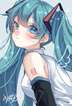 1girl absurdres aqua_eyes aqua_hair blush breasts closed_mouth detached_sleeves hair_between_eyes hair_ornament hatsune_miku highres long_hair long_sleeves looking_at_viewer mai_mugi medium_breasts number_tattoo shirt simple_background sleeveless sleeveless_shirt solo tattoo twintails upper_body very_long_hair vocaloid white_shirt 