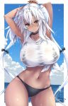  1girl arms_behind_head bikini bikini_under_clothes black_bikini black_bow black_nails bow breasts brown_eyes cloud dark-skinned_female dark_skin eyewear_on_head glasses hair_bow highres kantai_collection large_breasts long_hair mashiro_yukiya musashi_(kancolle) navel ocean shirt sky solo stomach swimsuit wet wet_clothes wet_shirt white_shirt 