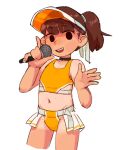  1girl black_choker brown_hair character_request cheerleader choker copyright_request dui_(duihan) flat_chest highres medium_hair microphone navel ponytail simple_background sketch sports_bra tan tanlines visor_cap white_background 