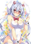  ahoge animal_ears blush breasts bunny_ears bunnysuit cleavage collar covered_navel highres large_breasts long_hair looking_at_viewer matoi_(pso2) milkpanda phantasy_star phantasy_star_online_2 red_eyes silver_hair sitting smile solo thighhighs white_legwear wrist_cuffs 