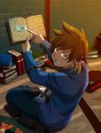  bad_id bad_pixiv_id book book_stack brown_hair crossed_legs green_eyes grin looking_back male_focus pointing sitting smile solo sorey_(tales) tales_of_(series) tales_of_zestiria toshiharu_(s_narutoshi) 