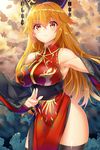  :&lt; adapted_costume ashu bare_shoulders black_legwear breasts brown_eyes chinese_clothes cloud cloudy_sky detached_sleeves hair_ornament highres junko_(touhou) large_breasts long_hair long_sleeves sash sky solo tabard thighhighs touhou very_long_hair wide_sleeves 