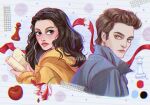  1boy 1girl apple artist_name brown_eyes brown_hair chess_piece edward_cullen food fruit grey_shirt isabella_swan long_hair luztapiaart pawn_(chess) queen_(chess) shirt short_hair twilight_(series) watermark 