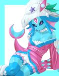  1girl absurdres ariemon bare_shoulders black_sclera blue_border blue_hair blue_skin border breasts cleavage collarbone colored_sclera colored_skin digimon digimon_(creature) highres japanese_clothes kimono medium_breasts off_shoulder omeka_gamma panties pink_eyes pink_kimono simple_background solo underwear white_background white_panties 
