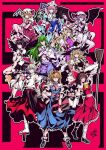  6+girls alice_margatroid black_hair blonde_hair detached_sleeves dress flandre_scarlet full_body green_hair grey_hair hakurei_reimu hat highres inubashiri_momiji japanese_clothes kirisame_marisa kochiya_sanae long_hair miko mob_cap multiple_girls purple_hair remilia_scarlet saigyouji_yuyuko second-party_source shameimaru_aya short_hair skirt tokin_hat touhou wings yakumo_yukari yamada_satoshi 