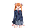  1girl :d ^_^ blazer blue_jacket blush buttons clenched_hands closed_eyes cowboy_shot facing_viewer game_cg gentle_sasaki grey_skirt hair_ribbon happy jacket large_variant_set long_hair long_sleeves necktie non-web_source official_art open_mouth orange_hair pink_ribbon pleated_skirt pocket red_necktie ribbon school_uniform shindou_hikari shirt skirt smile solo soukou_senki_prism_reica soukou_senki_prism_shine standing transparent_background twintails variant_set 