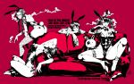  2023 4girls arched_back ass beer_can braid breasts can chinese_zodiac cigarette cleavage commentary_request couch drink_can fishnet_thighhighs fishnets glasses high_heels leotard limited_palette long_hair looking_at_viewer medium_breasts multiple_girls original playboy_bunny short_hair sitting smoking stuffed_animal stuffed_rabbit stuffed_toy tattoo thighhighs twin_braids twintails yamada_satoshi year_of_the_rabbit 
