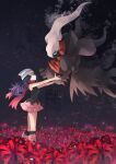  1girl beanie black_hair blue_eyes blue_hair boots breasts closed_mouth darkrai dawn_(pokemon) flower hair_ornament hairclip hat highres long_hair pink_boots pink_skirt poke_ball_print pokemon pokemon_(creature) pokemon_dppt red_scarf scarf shirt skirt sleeveless smile white_hat yomogi_(black-elf) 