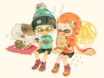  1girl beanie cat cheek_bulge cup cushion domino_mask eating fangs food green_hair hair_ornament hairclip hat inkling jajji-kun_(splatoon) mask mug onigiri orange_hair pechika sandwich shirt shoes shorts sitting splatoon_(series) splatoon_1 t-shirt tentacle_hair twitter_username yellow_eyes 