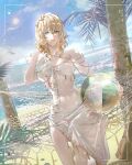  1girl aglaea_(honkai:_star_rail) ball beachball bead_necklace beads bikini blonde_hair blue_sky cloud collarbone commentary crossed_bangs curly_hair ea_ateu green_eyes hammock hand_in_own_hair hashtag-only_commentary highres holding holding_ball holding_beachball honkai:_star_rail honkai_(series) jewelry leaf lens_flare looking_at_viewer navel necklace o-ring o-ring_bikini ocean outdoors palm_tree parted_lips sarong short_hair_with_long_locks simple_bird sky solo sun swimsuit symbol-only_commentary tree viewfinder waves white_bikini 
