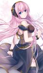  2015 armlet artist_name bad_id bad_pixiv_id belt black_dress black_legwear blue_eyes dress felicia-val headphones highres light_smile long_hair looking_at_viewer looking_back megurine_luka megurine_luka_(vocaloid4) pink_hair side_slit simple_background sleeveless sleeveless_dress solo thighhighs v4x very_long_hair vocaloid white_background 