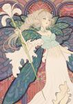  1other androgynous art_nouveau blonde_hair blue_eyes blue_wings blush braid cowboy_shot crown dress expressionless fairy fairy_wings final_fantasy final_fantasy_xiv floating_hair flower hagushka hair_flower hair_ornament high-low_dress holding holding_staff jewelry long_dress long_hair long_sleeves looking_to_the_side necklace parted_lips pink_flower pointy_ears purple_wings sidelocks single_braid staff titania_(final_fantasy) white_dress wings 