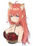  1girl :3 absurdres ahoge animal_ears armpit_crease ash_(cat7evy) bare_shoulders blue_eyes breasts character_request cleavage closed_mouth cropped_arms cropped_torso extra_ears half_updo heart highres large_breasts long_hair looking_at_viewer mabinogi orange_hair red_shirt shirt simple_background sleeveless sleeveless_shirt smile solo white_background 