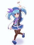  1girl absurdres black_pantyhose blue_boots blue_capelet blue_hair blue_hat blue_skirt boots capelet emil_chronicle_online frilled_skirt frills hat highres monster_girl necktie pantyhose pointing purple_necktie pururu_alma red_eyes rna0 skirt slime_girl standing standing_on_one_leg twintails white_background 
