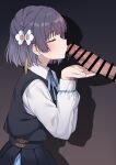  0haribo0 1boy 1girl absurdres bar_censor black_skirt black_vest blue_hair blush censored closed_eyes commentary_request erection flower from_side gakuen_idolmaster hair_flower hair_ornament hataya_misuzu hetero highres idolmaster kissing_penis large_penis penis shirt short_hair skirt veins veiny_penis vest white_shirt 