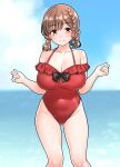  1girl absurdres asahi_(kancolle) asahi_(swimsuit)_(kancolle) ass_visible_through_thighs blue_sky braid breasts brown_hair cleavage closed_mouth collarbone commentary_request covered_navel cowboy_shot day frilled_one-piece_swimsuit frills furaggu_(frag_0416) highres kantai_collection knees large_breasts looking_at_viewer mole mole_under_mouth ocean official_alternate_costume one-piece_swimsuit outdoors red_one-piece_swimsuit short_hair sky smile solo spaghetti_strap standing swimsuit thighs variant_set 