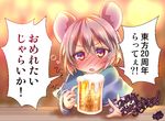  alcohol animal_ears beer beer_can blurry blush can capelet commentary drunk grey_hair jewelry lampion looking_at_viewer mouse_ears nazrin partially_translated pendant red_eyes short_hair sitting solo table touhou translation_request yuzumania 