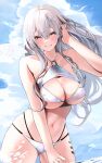  1girl absurdres aibanesuu_(vtuber) artist_request ass_visible_through_thighs bare_shoulders bikini blush breasts cleavage cowboy_shot grey_eyes grey_hair hand_in_own_hair highres indie_virtual_youtuber large_breasts long_hair looking_at_viewer mole mole_on_breast navel o-ring o-ring_bikini second-party_source skindentation smile solo standing swimsuit teeth virtual_youtuber white_bikini 