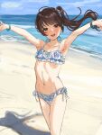  1girl :d \o/ armpits arms_up ata_(tsumari) beach bikini blue_sky blush bracelet breasts brown_eyes brown_hair cleavage cloud cowboy_shot day floating_hair frilled_bikini frills hair_ornament hair_scrunchie head_tilt high_ponytail highres horizon jewelry long_hair looking_at_viewer loose_hair_strand messy_hair ocean open_mouth original outdoors outstretched_arms petite ponytail print_bikini print_scrunchie ribs sand scrunchie shadow side-tie_bikini_bottom sketch skinny sky small_breasts smile solo standing swimsuit teeth upper_teeth_only water wet wind 