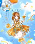  1girl ball balloon_trip_(infinity_nikki) blue_hairband blue_ribbon blue_sky blunt_bangs bow bow_legwear braid brown_eyes brown_hair bubble_skirt buttons center_frills chinese_commentary closed_mouth cloud commentary_request confetti day detached_sleeves dot_nose dress dress_bow eyelashes feet_out_of_frame floating flower flower_balloon frilled_sleeves frilled_socks frills hair_flower hair_ornament hair_ribbon hairband hand_up happy highres holding holding_ball infinity_nikki jintianshigehaotianqine large_ribbon layered_dress light_blush long_sleeves looking_at_viewer loose_hair_strand low_twin_braids miniskirt multicolored_bow multicolored_buttons neck_ribbon nikki_(series) open_mouth orange_bow orange_dress orange_flower orange_ribbon outdoors outline over-kneehighs pom_pom_(clothes) rainbow_print ribbon short_dress skirt sky sleeves_past_wrists smile socks solo tareme thighhighs torn_clothes torn_dress twin_braids white_dress white_outline white_sleeves white_socks yellow_flower 