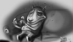 1990s_theme anthro bullet_the_dog bullet_time_(short_film) canid canine canis clothing domestic_dog gaming grotesque male mammal playing_video_game ren_and_stimpy_style_gag solo swimming_trunks swimwear zack_o_scorpion_(artist)