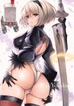  1girl 2b_(nier:automata) ass black_leotard blue_eyes breasts covered_nipples cowboy_shot from_behind grey_hair highres large_breasts leotard looking_at_viewer looking_back nier:automata nier_(series) robot short_hair solo_focus sword weapon white_leotard yosaku_vs_hina 