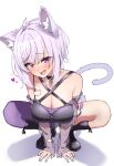  1girl ahoge animal_ears bare_shoulders belt black_belt black_boots black_choker black_collar blush boots breasts cat_choker cat_ears cat_girl cat_tail choker cleavage collar collarbone detached_sleeves eru_(l_illust45) fang fishnet_pantyhose fishnets hashtag-only_commentary heart highres hololive huge_breasts looking_at_viewer medium_hair nekomata_okayu open_mouth panties pantyhose pink_eyes purple_hair purple_panties purple_sleeves purple_tail see-through_clothes see-through_sleeves simple_background single_leg_pantyhose skin_fang smile solo tail thighs underwear virtual_youtuber white_background 