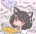  1girl animal_ear_fluff animal_ears black_hair cat_ears cat_girl character_name character_request chibi chibi_only commentary_request falling_feathers feathers futaba_(anti_clockwise) hair_ornament hand_on_own_cheek hand_on_own_face indie_virtual_youtuber looking_at_viewer plate red_eyes virtual_youtuber white_feathers x_hair_ornament 