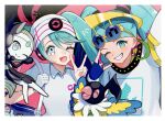  1other 3girls aqua_eyes aqua_hair arm_up beak beanie bird bird_wings black_dress blush chatot closed_eyes closed_mouth collared_shirt dress eyewear_on_head feathered_wings fingerless_gloves gloves green_hair hair_between_eyes hair_ornament hat hatsune_miku headphones highres long_hair looking_at_viewer meloetta multiple_girls musical_note normal_miku_(project_voltage) official_alternate_costume official_alternate_hairstyle one_eye_closed open_mouth parrot poke_ball_print poke_ball_symbol pokemon project_voltage psychic_miku_(project_voltage) sheet_music shirt single_glove smile sunglasses suzuno_suzuran teeth twintails v very_long_hair vocaloid white_gloves white_shirt wings 