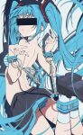  1girl absurdly_long_hair absurdres aqua_hair aqua_nails arched_back ass bar_censor bdsm black_shoes black_skirt bondage bound bound_arms bound_legs bra breasts censored censored_identity chain commentary_request cuffs drop_shadow facing_back facing_viewer fingernails floating_hair foreshortening from_behind hair_over_one_eye hatsune_miku highres legs_up long_bangs long_hair median_furrow miniskirt nail_polish no_shirt palms panties pantyshot parted_lips pleated_skirt shoes sidelocks simple_background skirt small_breasts socks solo striped_bra striped_clothes striped_panties tiandingfengren turning_head twintails underwear variant_set very_long_hair vocaloid white_background white_socks wispy_bangs 