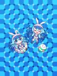  2girls absurdres animal_ears ball barid_(rlackdgur98) beachball bemani bikini blue_eyes blue_hair closed_eyes closed_mouth commentary fake_animal_ears highres long_hair multiple_girls navel near_(sound_voltex) noah_(sound_voltex) open_mouth optical_illusion siblings sisters smile sound_voltex swimsuit symbol-only_commentary twins white_bikini 