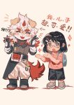  1boy 1girl arknights artist_self-insert blush chibi chibi_only chinese_commentary chinese_text colored_tips commentary double_v facing_viewer fang furry furry_male glasses highres horns hung_(arknights) komainu_boy komainu_ears komainu_tail looking_at_viewer multicolored_hair open_mouth original s3zwrtdyqaewnci single_horn sparkle translated v white_background 
