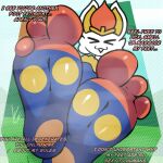 3_toes alexdrawsfeetish anthro cinderace feet female foot_fetish foot_fetish_validation foot_focus fur generation_8_pokemon grass hi_res mammal multicolored_body multicolored_fur musk musk_clouds musky_feet nintendo paws plant pokemon pokemon_(species) red_body red_fur soles solo text toes