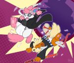 2022 ambiguous_gender autodefenestration black_clothing black_coat black_nose black_topwear black_trenchcoat bow_(anatomy) breaking_glass broken_glass clothed clothing coat cosplay crossover crossover_cosplay diaper duo eeveelution fake_tail fangs feral fur generation_1_pokemon generation_6_pokemon glass grey_clothing grey_topwear grey_vest growlithe head_tuft hi_res jintally katana looking_at_another looking_back looking_down looking_down_at_another lynhug_bb male_(lore) mask melee_weapon midair mohawk moon_(mrmoonmoo) nintendo open_mouth orange_body orange_fur pattern_background pattern_clothing pendant_(character) persona_(series) persona_5 pink_body pink_fur pink_tail pokemon pokemon_(species) ren_amamiya sash signature simple_background striped_clothing stripes surprise sword sylveon tail teeth topwear trenchcoat tuft vest weapon wearing_diaper wearing_mask white_body white_fur yellow_body yellow_fur yellow_tail yusuke_kitagawa
