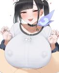  1boy 1girl aizawa_marimo black_choker black_hair blunt_bangs blush breasts breath choker claw_pose clothed_sex commentary covered_nipples cum cum_on_body cum_on_breasts cum_on_clothes ear_piercing eyelashes fangs goddess_of_victory:_nikke half-closed_eyes heart heart-shaped_pupils hetero highres huge_breasts jewelry looking_at_viewer medium_hair mole mole_under_eye multiple_rings open_mouth paizuri paizuri_under_clothes piercing pov red_eyes ring shirt short_sleeves simple_background single_earphone smile solo_focus sora_(nikke) symbol-shaped_pupils teeth upper_body upper_teeth_only white_background white_shirt wireless_earphones 