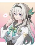  1girl ara_2499 black_hair black_hairband bow bowtie buttons closed_mouth collared_shirt double-breasted firefly_(honkai:_star_rail) firefly_(spring_missive)_(honkai:_star_rail) gradient_background gradient_eyes gradient_hair green_bow green_bowtie green_pupils grey_hair grey_sailor_collar grey_shirt hair_between_eyes hair_intakes hair_ornament hairband heart highres honkai:_star_rail honkai_(series) long_sleeves multicolored_eyes multicolored_hair plaid_bow plaid_bowtie plaid_clothes pleated_skirt sailor_collar shirt skirt smile solo speech_bubble white_shirt white_sleeves 